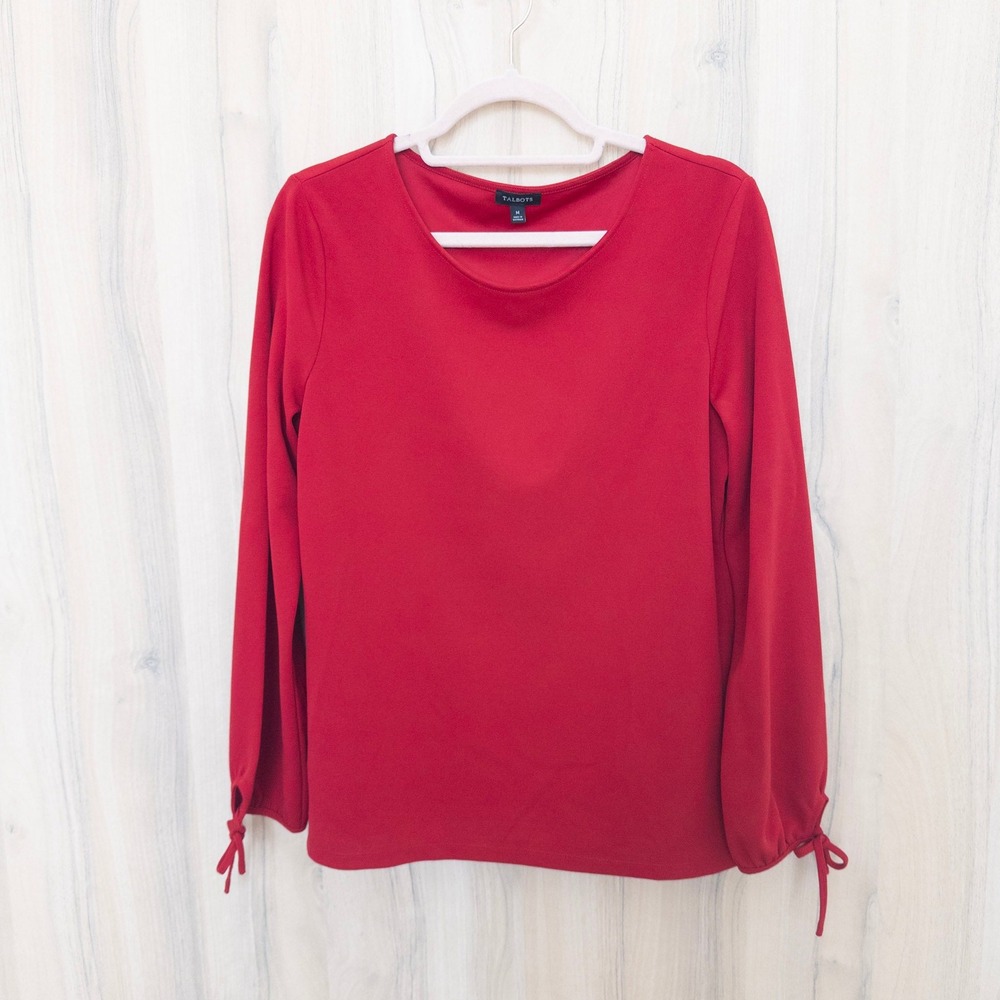 Talbots Womens Blouse Medium Red Long Sleeve Tie Cuff Classic Preppy Career Chic